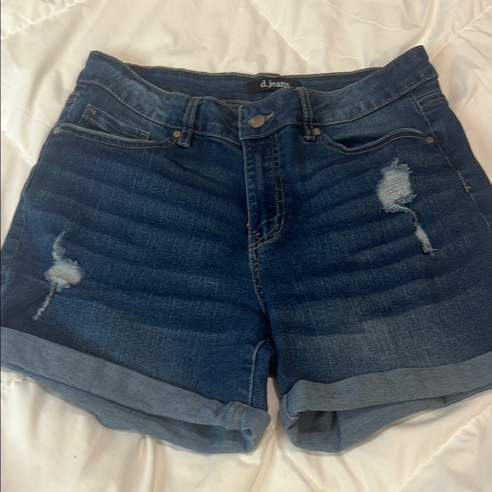 D. Jeans Blue Jean Shorts with Cuffed Hems and Distressed Details